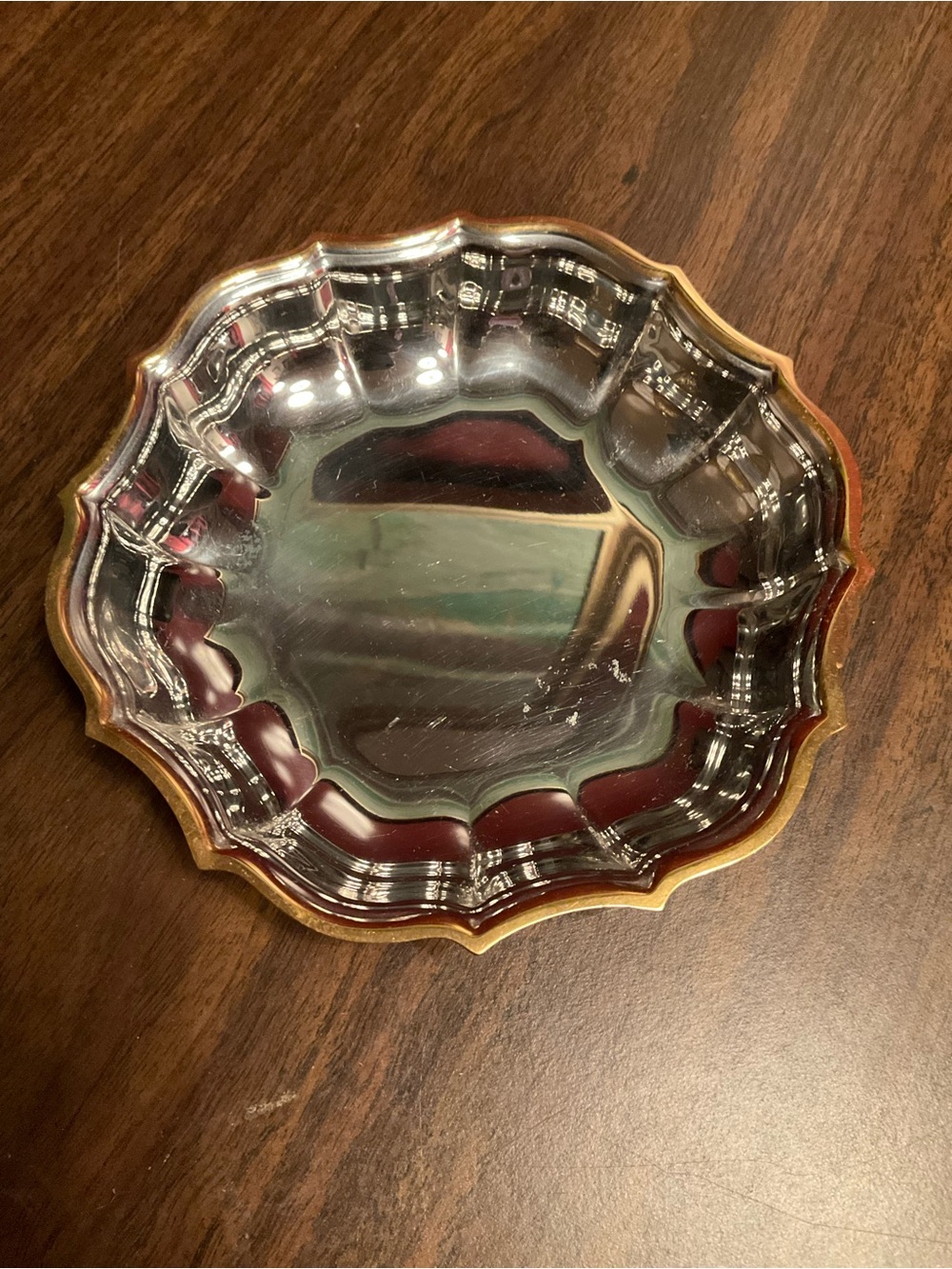 Vintage 1970s Oneida ruffle edge bowl stainless steel with gold tone rim